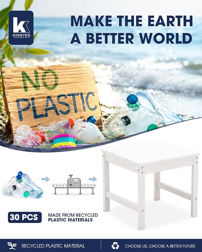 KINGYES Double Side Table with 1.6'' Umbrella Hole, HDPE Adirondack End Table- White