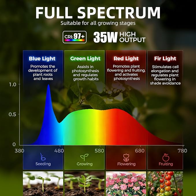 Hanging Grow Lights for Indoor Plants - 35W 4000K Full Spectrum Plant Light, Wall Mounted Grow Light with Wooden Bracket, Timer, 15FT Power Cord, Ideal for Plants, Flowers & Home Decor