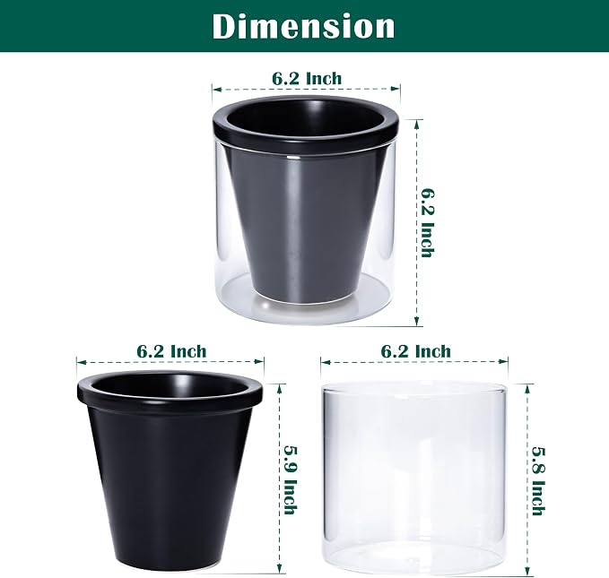 D'vine Dev 6 Inch Design Self Watering Planter for Indoor Plants, Black Terracotta Pot with Cylinder Glass Cup, Set of 2, 37-Y-B-3