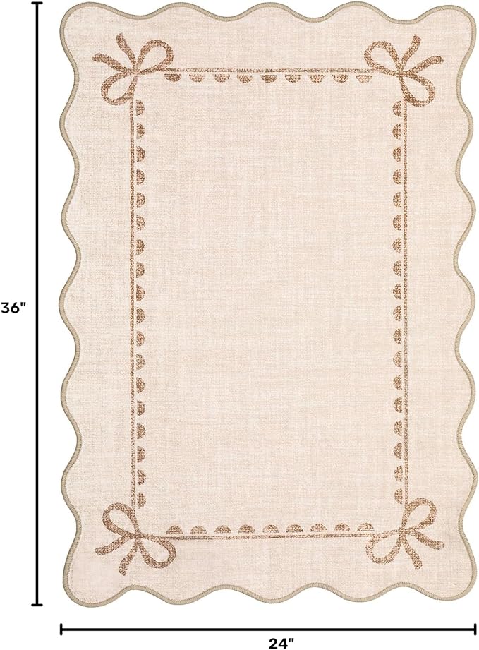 GarveeHome Scalloped Entryway Rug 2x3 Washable Front Door Bow Rug, Beige | Non Slip Soft Low Pile Ultra-Thin Indoor Carpet for Girls Dorm Nursery Bedroom Decor Hallway Kitchen Floor