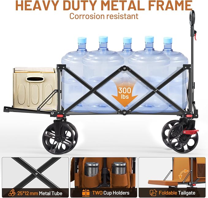 Timber Ridge 47" L Collapsible Wagon with Tailgate & Brake, 300 lbs Heavy Duty Beach Wagon with All-Terrain Big Wheels, 250L Foldable Utility Cart for Sand Camping Sports Shopping, Orange