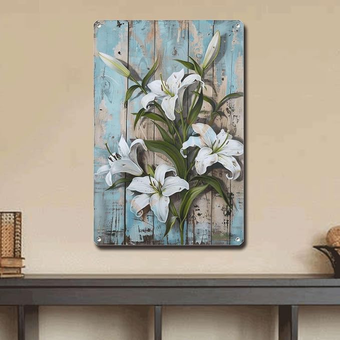 Metal Sign Tin Sign Vintage Wall Art Antique Master's Lilies Tin Sign for Rustic Elegance Shabby Chic Style and Corrosion Resistant Al Home Decor for Room 12×16 Inches