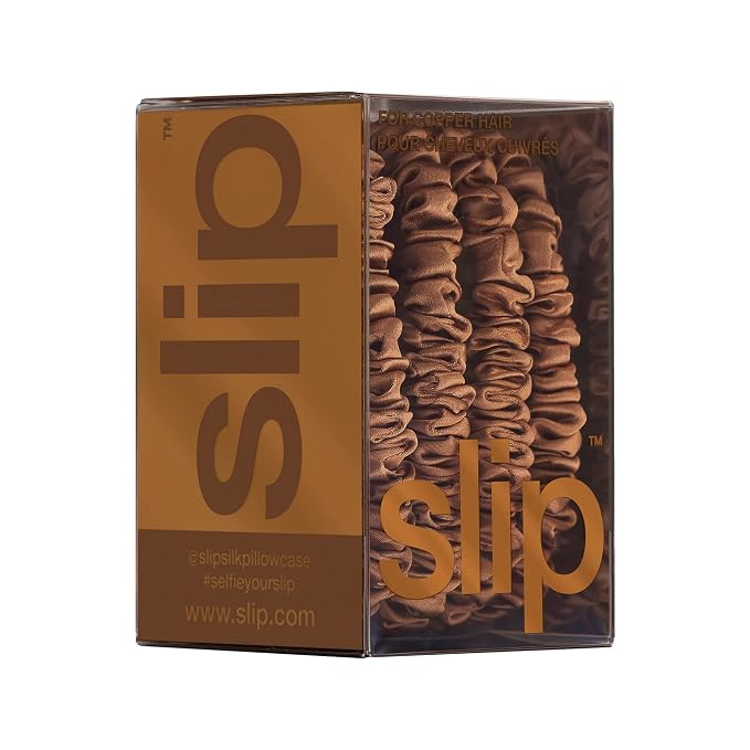Slip Silk Hair Ties — Skinny Silk Copper Scrunchies, No Damage, No Crease, Anti-Breakage |100% Mulberry Silk | All Hair Types | Made with Proprietary Slipsilk™ | Set of 4