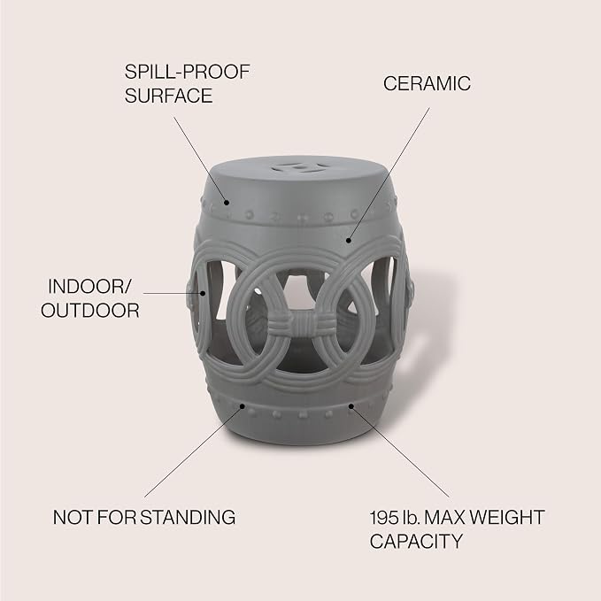 JONATHAN Y Lucky Coins 16" Ceramic Garden Stool, Contemporary Matte Gray Cutout Interlocking Rings Drum Indoor/Outdoor Side Table and Plant Stand for Patio, Garden, Living Room TBL1022F