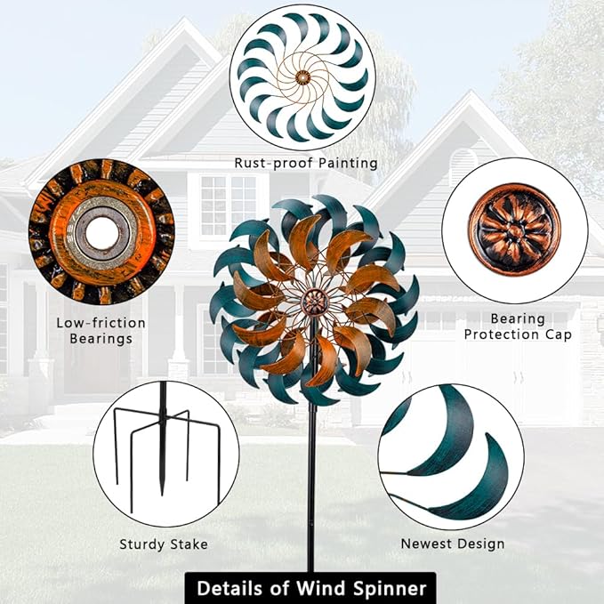 Stargarden Garden Wind Spinners, 13”W Kinetic Wind Sculptures | 4 Layers Windmills Lawn Ornament Décor