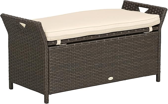 Outsunny 29 Gallon Patio Wicker Storage Bench, Outdoor PE Rattan Furniture, 2-in-1 Large Capacity Rectangle Garden Storage Box with Handles and Cushion, Cream White