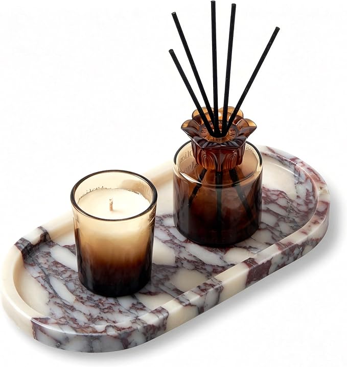 Luxury Natural Oval Marble Tray – 9.8 x 4.9-Inch Calacatta Viola Stone Vanity Tray, Small Catchall Organizer for Jewelry Perfume Keys, Decorative Trinket Tray for Bathroom Coffee Table & Dresser