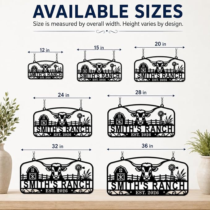 Personalized Ranch Metal Sign, Custom Farm Name Sign with Cattle Design, Rustic Farmhouse Wall Decor for Barn, Porch, Entryway, Ranch Gate, Housewarming Gift