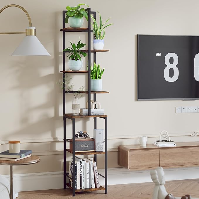 Plant Stand Indoor with Grow Light, 7-Tiered Tall Plant Stand Indoor, Metal Plant Shelf with Bookshelf Bookcase and Adjustable Light, Ideal for Living Room, Reading room, Garden, Patio (Brown)