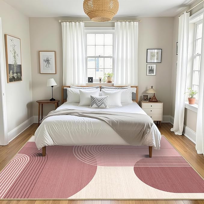 Large Area Rug 6x9 Boho Rug Living Room Bohemian Rugs Machine Washable Modern Geometric Rug Non Slip Printed Low Pile Indoor Floor Carpet for Dining Room Bedroom Office,Pink