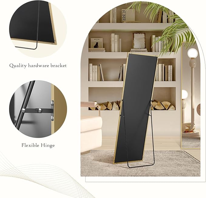 Full Length Floor Mirror, 21"x64" Body Wall Mirror with Stand | Shatter-Proof Nano Glass, Tall Standing, Hanging or Leaning, Aluminum Alloy Frame for Bedroom, Modern Home Decor, Gold