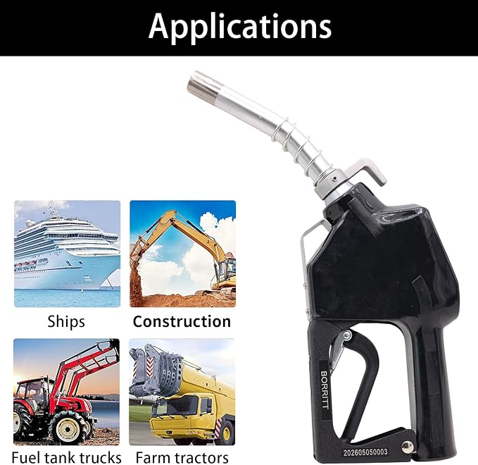 3/4" Inch NPT Black Fuel Nozzle,Automatic Shut Off Heavy Duty W/360° Hose Swivel Gas Fuel Transfer Pump Nozzle,304 13/16" Spout nozzle bushing,Copper Valve,Hook,16 gpm Flow Rate For Gas,Diesel