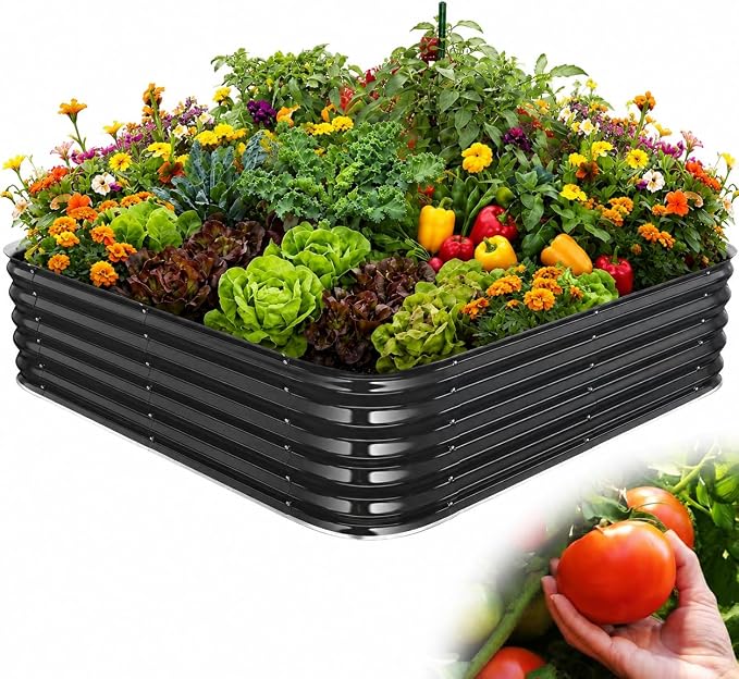 16.5" Deep Square Galvanized Raised Garden Bed 4x4 ft – Large Metal Planter Box for Vegetables, Flowers & Herbs – Heavy Duty Outdoor Above Ground Gardening Bed with Easy Assembly (Black)