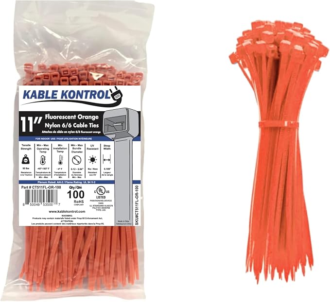 Kable Kontrol Fluorescent Orange Zip Ties 11 Inch 100 Pcs, 50 Lbs Tensile Strength, Self-locking Nylon Colored Cable Ties Wire Wraps for Indoor or Outdoor Use…