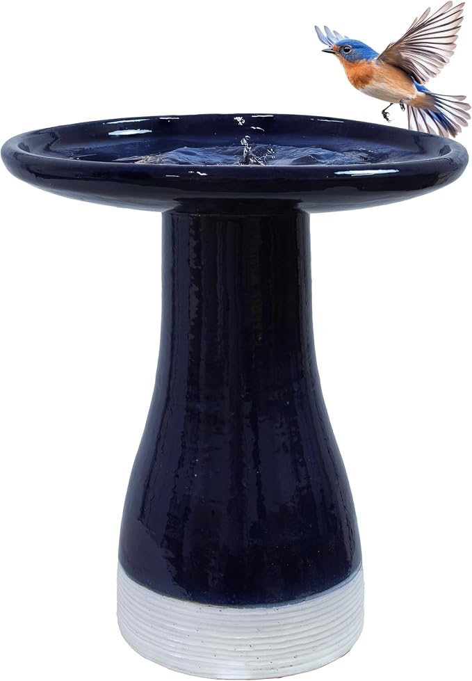 Sunnydaze 21" H Ceramic Bird Bath for Outside - Hand-Painted Outdoor Bird Bath Bowl, UV/Frost-Resistant Finish - Midnight Blue