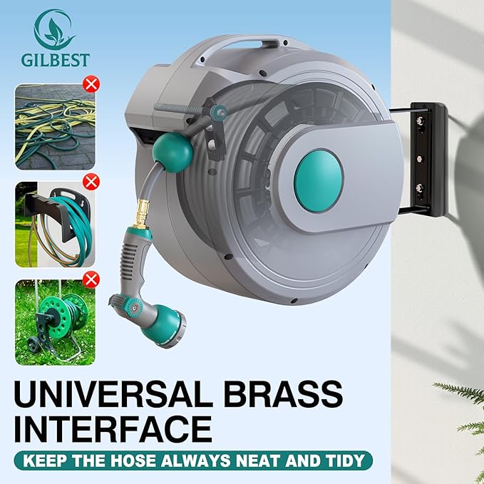 Retractable Garden Hose Reel 100 ft x 1/2" | Any Length Lock & 180°Swivel | All-weather Garden Hose Reel Wall Mount for Outside, Retractable Hose with 10-Pattern Nozzle for Cleaning, Watering