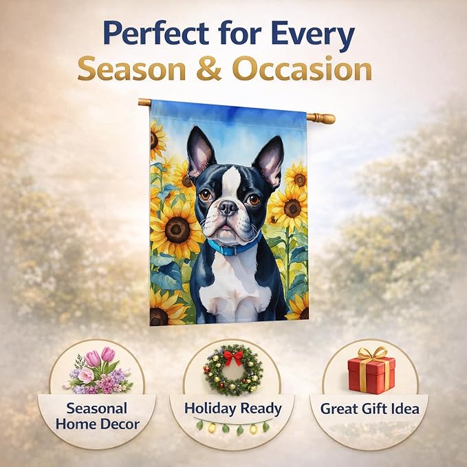 Caroline's Treasures DAC6036CHF Boston Terrier in Sunflowers House Flag Large Porch Sleeve Pole Decorative Outside Yard Banner Artwork Wall Hanging, Polyester, House Size, Multicolor