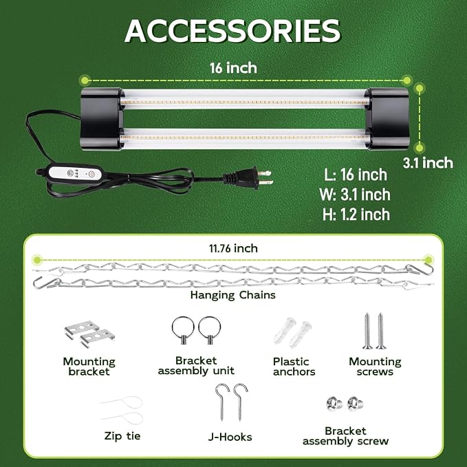 Hlite 16inch LED Grow Lights - Linkable Grow Lights for Indoor Plants | Full Spectrum Plant Lights Plug and Hanging Design with On/Off Switch Hanging Grow Light from Seedling to Flowering, 2 Pack