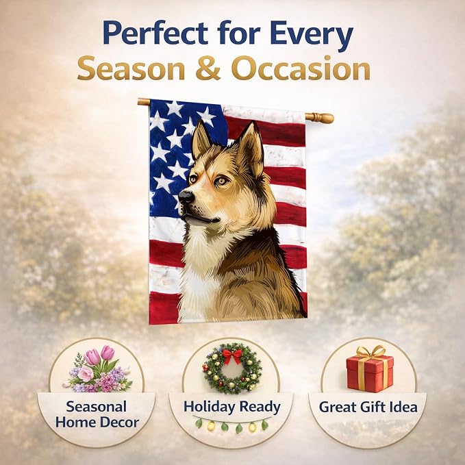 Caroline's Treasures CK6509CHF East Siberian Laika Dog American Flag House Flag Large Porch Sleeve Pole Decorative Outside Yard Banner Artwork Wall Hanging, Polyester, House Size, Multicolor
