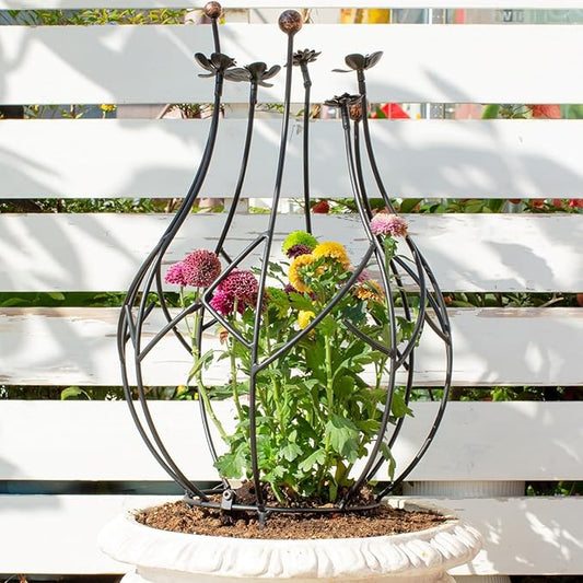 Obelisk Trellis Garden for Climbing Plants 27 Inches Metal Outdoor Support with Gold Leaf Accent Ideal for Rose Bush Bougainvillea Vines Potted Plants Elegant Home Decor