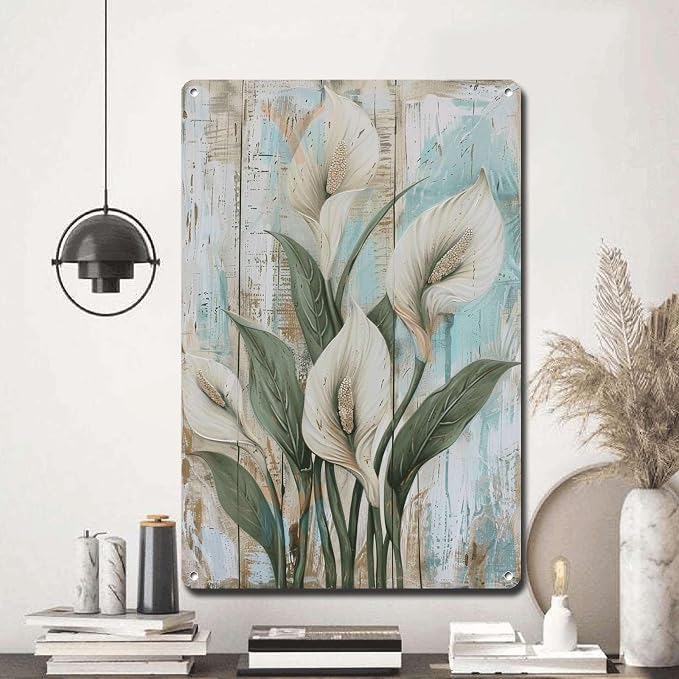 Metal Sign Tin Sign Vintage Wall Art Shabby Chic Peace Lilies Tin Sign for Rustic Garden Art White Flower Lovers and Weather Resistant Home Decor for Restaurant 6×8 Inches