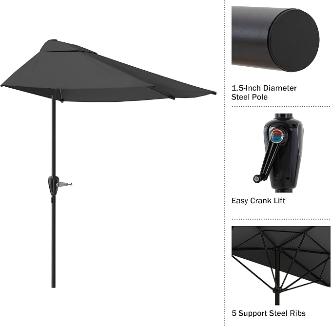 Half Umbrella Outdoor Patio Shade - 9 ft Patio Umbrella with Easy Crank - Small Canopy for Balcony, Table, or Deck by Pure Garden (Gray)