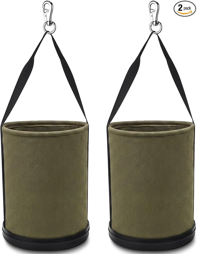 2 Pack Canvas Bucket 15" x 12" Heavy Duty Lineman Tool Bag with Plastic Bottom & Metal Hook Electrician Tool Organizer for Jobsite Use, Load Rated up to 150 Pounds (Army Green)