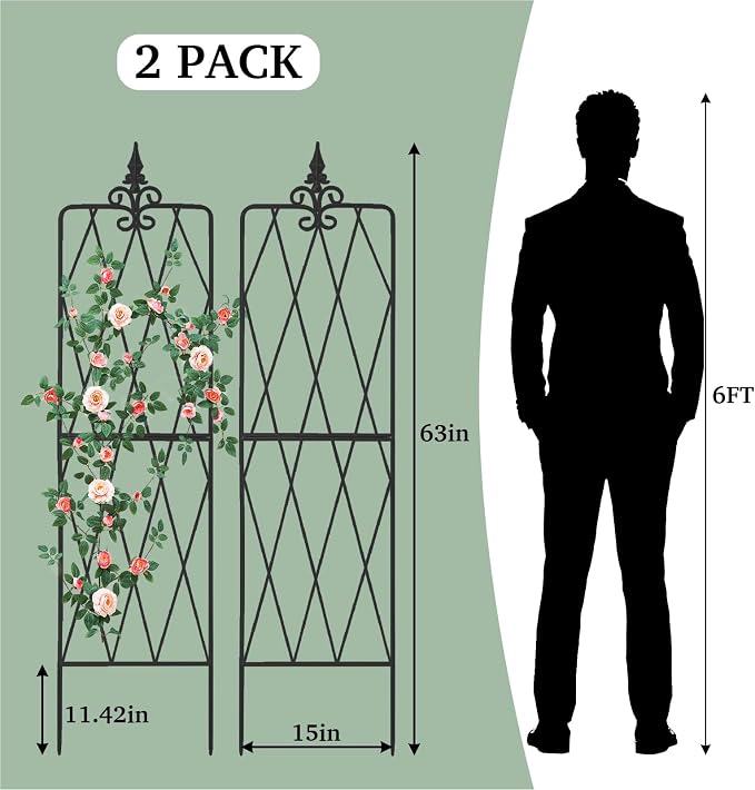 Garden Trellis for Climbing Plants Outdoor, 62"X15" Metal Trellises, Decorative Garden Fencing Flower Trellis with Durable Powder Coating for Vines Plant Rose, Vegetable Support, Black (2, Pattern-A)