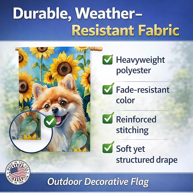 Caroline's Treasures DAC6136CHF Pomeranian in Sunflowers House Flag Large Porch Sleeve Pole Decorative Outside Yard Banner Artwork Wall Hanging, Polyester, House Size, Multicolor