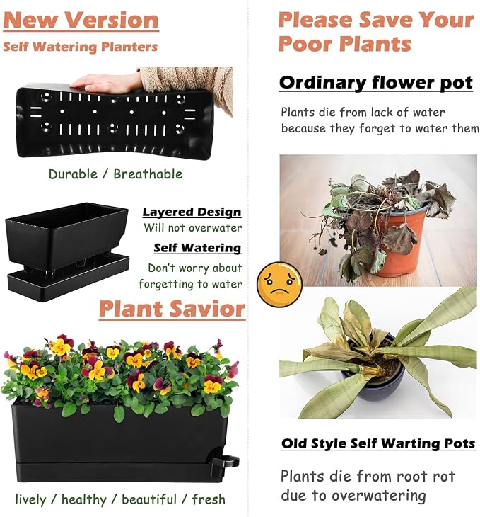 Self Watering Pots for Indoor Plants 17 Inches Window Boxes Planters Rectangular Flower Pots Rectangle Herb Pots Large Plant Pots with Drainage Holes and Saucers Windowsill Planter (4, Black)