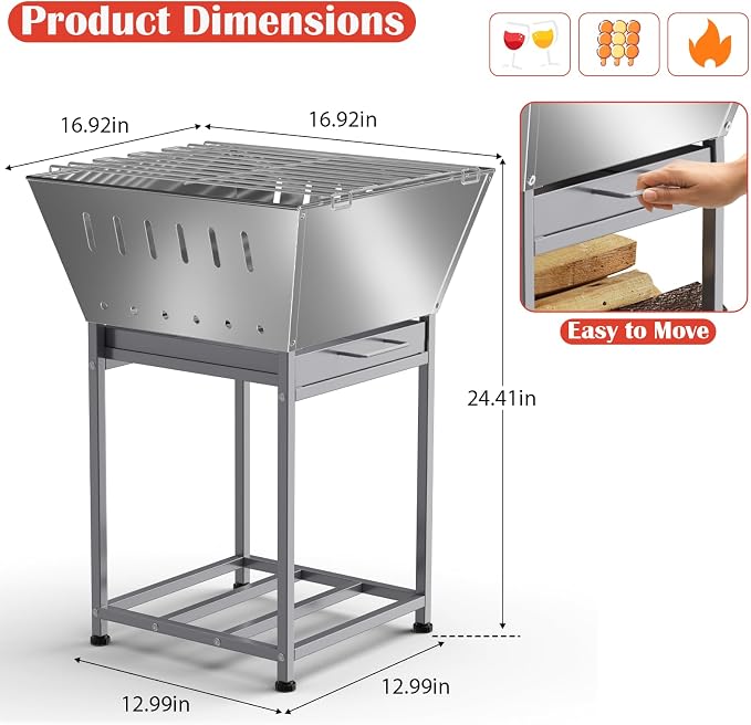 24 Inch Stainless Steel Outdoor Fire Pit with Grill 3-in-1 Wood Burning Fire Pits for Outside Square Firepit with Wood Storage and Ash Pan for Camping Patio Bonfire and BBQ