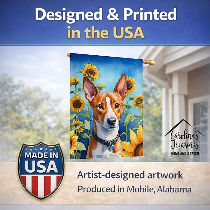 Caroline's Treasures DAC6016CHF Basenji in Sunflowers House Flag Large Porch Sleeve Pole Decorative Outside Yard Banner Artwork Wall Hanging, Polyester, House Size, Multicolor