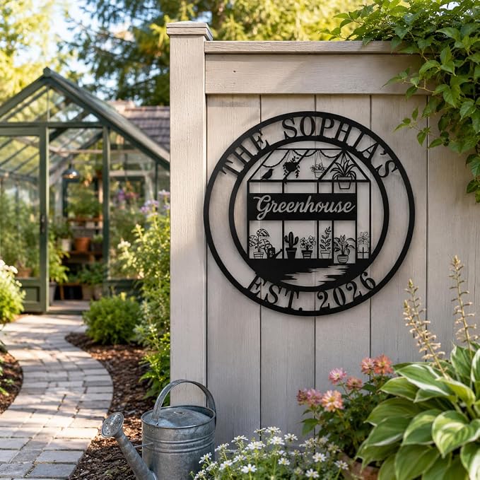 Personalized Metal Greenhouse Sign Custom Garden Name Sign for Outside Yard Patio Decor Botanical Wall Art Gift for Mom Grandma Gardener
