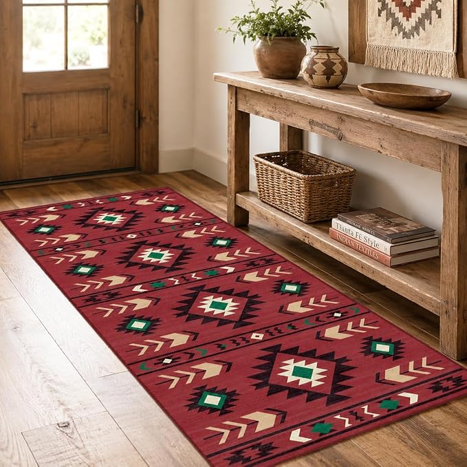 Western Runner Rug 2x6 for Hallway Kitchen Bedroom, Southwestern Aztec Tribal Runner Rugs Southwest Navajo Machine Washable Rug Non-Slip Printed Low-Pile Floor Carpet Mat for Living Room, Red