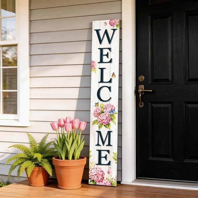Welcome Sign for Front Porch, 47" Wood Framed Porch Sign Hydrangea Flower Decorations with Hanging Rope, Farmhouse Yard Signs Home Decor for Outdoor Patio