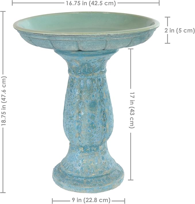 Sunnydaze Avignon Outdoor Ceramic Bird Bath - 18.75" H - UV- and Frost-Resistant - Glazed Bowl with Blue Lava Finish