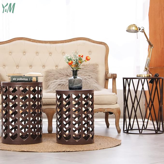 Y&M Outdoor Side Tables Set of 3, Round Heavy Duty Metal Nesting End Tables, Stacking Patio Accent Tables for Outside, Balcony, Garden, Porch, Indoor & Outdoor, Brown