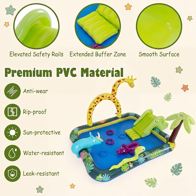 GLACER Inflatable Kiddie Pool, Outdoor Splash Pad with Slide & Sprinkler | Jungle Adventure Toddler Swimming Pool with Ring-Toss Game, Water Play Center for Backyard, Garden, 70"L x 54.5"W x 82"H