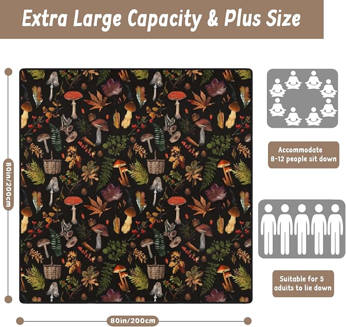 Picnic Blankets Extra Large Waterproof, 80"x 80"Fall Mushroom Beach Mat with Corner Pockets Windproof Sandproof Foldable Portable 3-Layer Mat Darker for Wet Grass,Parks,Music Festival,Camping,Concerts