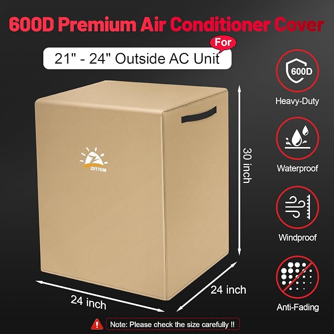Zettum Air Conditioner Cover for Outside Units 24 Inch - 600D Air Conditioning AC Covers Waterproof, Outdoor Winter Cover for Central AC Condenser, Pool Heater, Heat Pump, HVAC and More