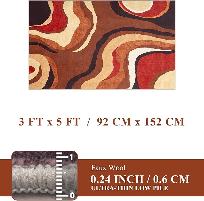 Burnt Orange Rug 3x5 Washable,Farmhouse Brown Retro Carpets,Geometric Abstract Wavy Rug for Bedroom,Unique Colorful Rugs for Living Room,Dining Room,Bedside Rugs