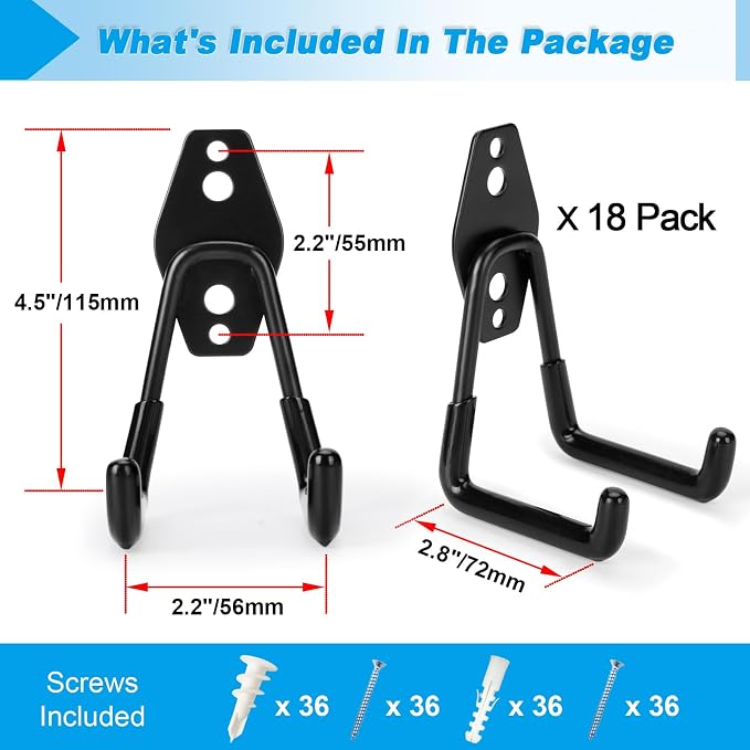 18 Pack Garage Hooks Heavy Duty - Supports 100 lbs | Utility Steel Garage Hanger & Organizer for Organizing Garden Lawn Tools, Ladders, Garden Hose, Digging Shovel, Bikes, Ropes
