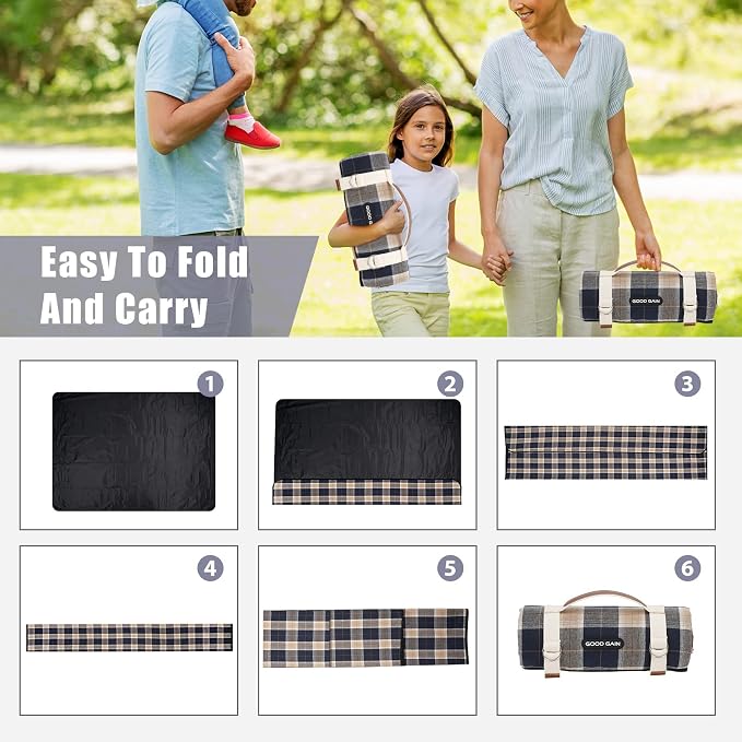 G GOOD GAIN Waterproof Picnic Blanket Portable with Carry Strap for Beach Mat or Family Outdoor Camping Party (Brown)
