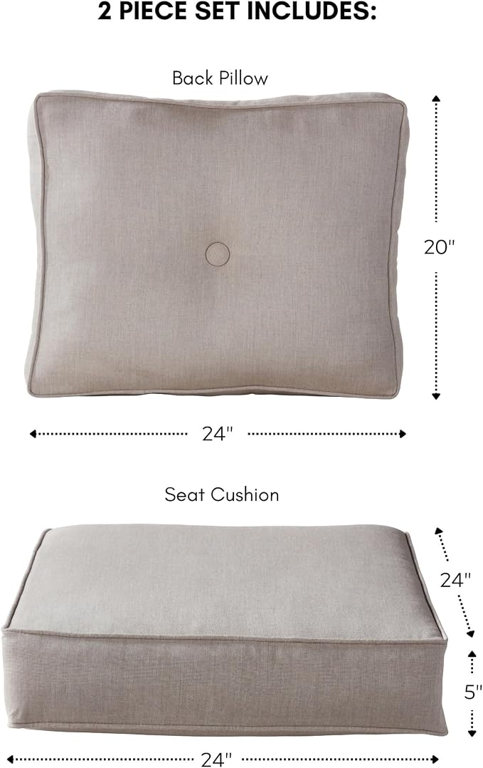 Sunbrella Deep Seat Cushion Set – Seat & Back Cushions for Patio Chairs, Sofas & Loveseats – Fade Resistant Outdoor Fabric, Ties, Zippered Cover, Cord Trim, Cast Ash