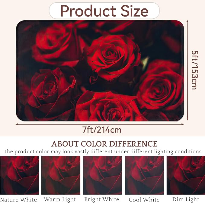 Red Rose 5x7 Area Rug,Retro Romantic Rose Flower Washable Carpet Non Slip Mat Low Pile Large Rugs for Living Room,Bedroom,Farmhouse,Dining Room,Kids Playroom,Kitchen Indoor