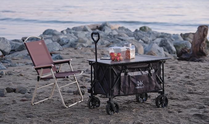 Whitsunday Folding Collapsible Utility Wagon, Heavy Duty Outdoor Park Beach Wagon with Table and Side Pocket for Camping Sports Shopping Brown