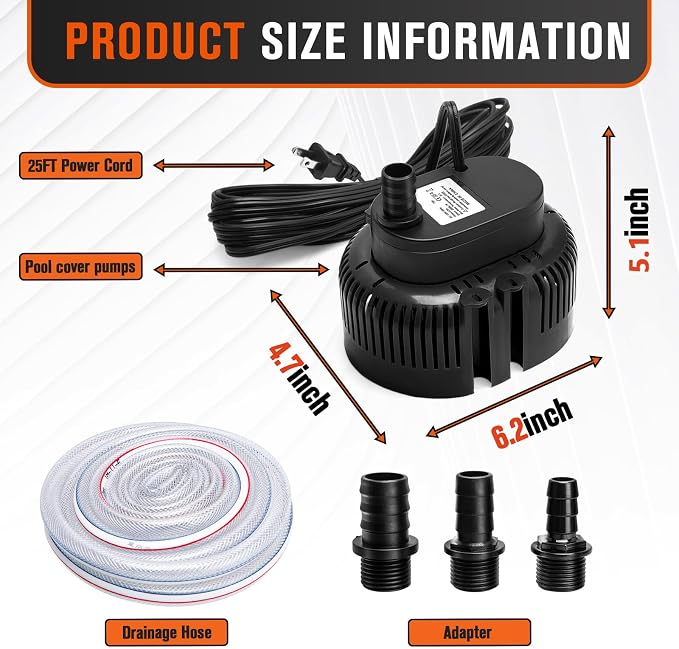 Sump Pump,Pool Cover Pump above Ground | For Swimming Pool Basement Garden Pond Tubs Draining,75W,Max Flow:850GPH,3 Adapters,25 Ft Power Cord (Black)