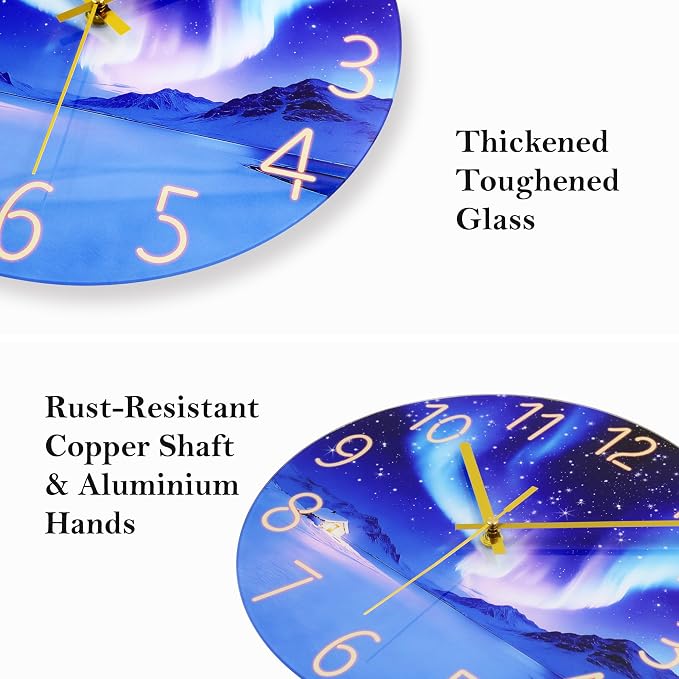 WISKALON Indoor Outdoor Glass Clock 12 Inch Waterproof Unusual Silent Non Ticking Aurora Wall Clocks Battery Operated for Patio, Pool, Garden, Backyard, Bathroom(Blue)