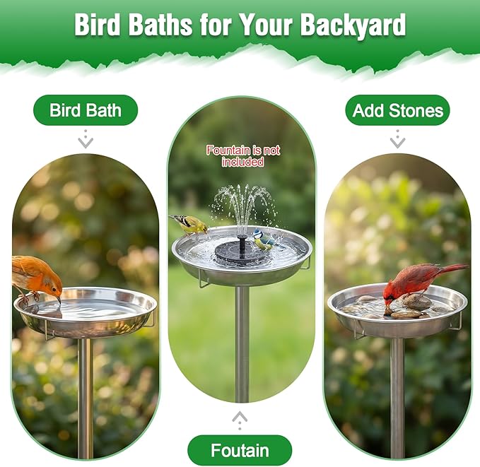 tinnmao 304 Stainless Steel Bird Bath for Outside, 40 Inch Tall Freestanding Metal Birdbath & Feeder with Removable Bowl for Garden Yard Patio Lawn