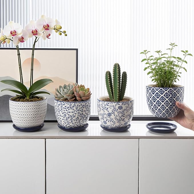 Ceramic Plant Pots - 5.6 Inch Flower Planters with Drainage Holes and Saucers for Indoor Plants Herbs, Succulent, Orchid, Cactus, Outdoor Plants, Home Decor, Set of 4, Vintage Blue